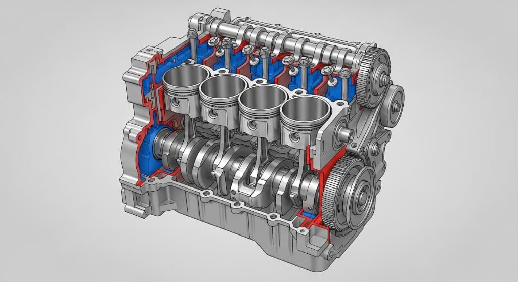 Coupe technique d'un moteur montrant les pistons, bielles et vilebrequin
