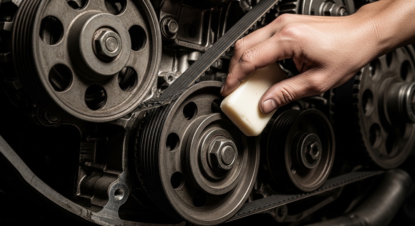 Illustration Courroie qui siffle : pourquoi mettre du savon" peut vous coûter plus qu'un kit complet"